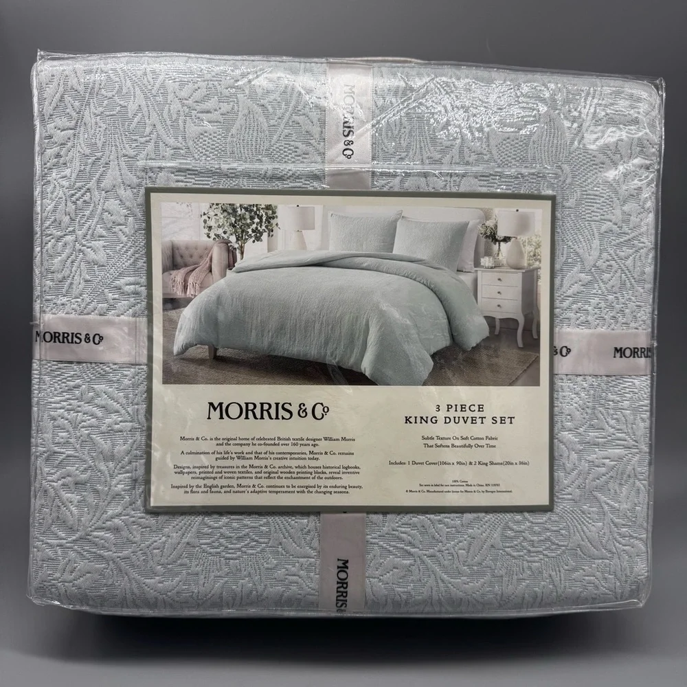 NEW 3 Pc William Morris & Co Bird and Anemone Light Blue King Duvet Set Textured